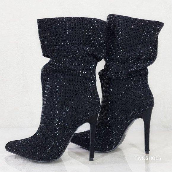 Resolve Sparkling Black Rhinestone High Heel Slouch Calf Boots New Years Bling - Picture 5 of 14